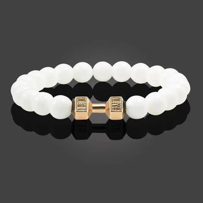 Vintage Men's Natural Stone Bead Bracelet With Dumbbell Pendant beige gold