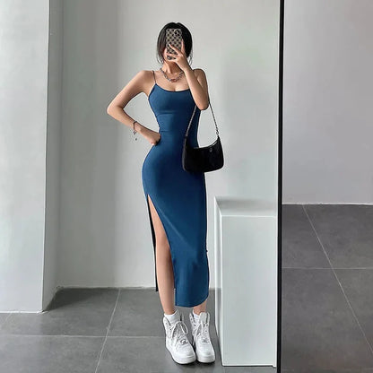 Rimocy 2024 New Sexy Sleeveless Slim Long Dress Women Party Blue CHINA
