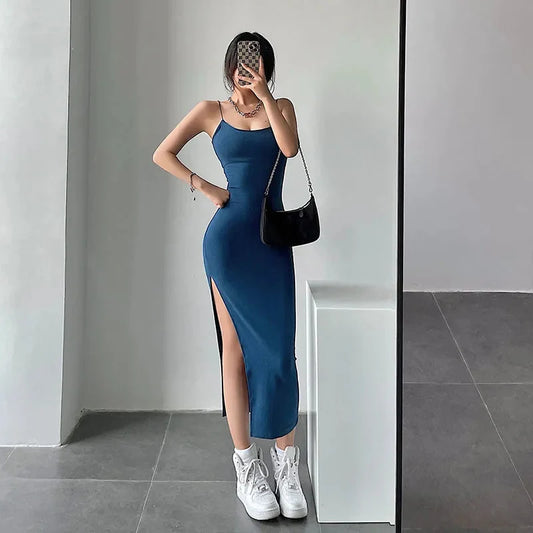 Rimocy 2024 New Sexy Sleeveless Slim Long Dress Women Party Blue CHINA