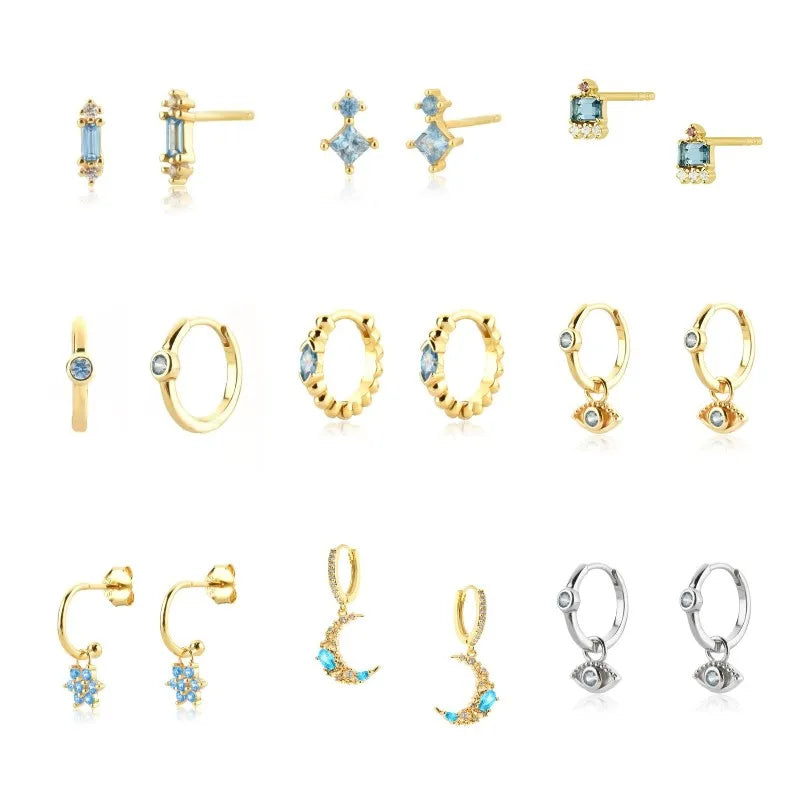 Elegant Water Lake Blue Zircon Hoop Earrings for Women Minimalist Circle Dangle Jewelry Accessories