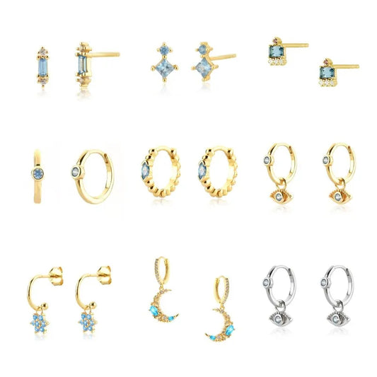Elegant Water Lake Blue Zircon Hoop Earrings for Women Minimalist Circle Dangle Jewelry Accessories