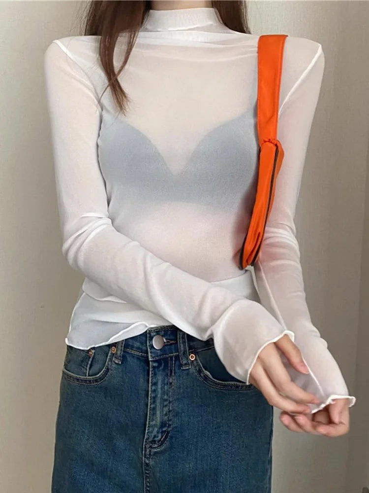 Sexy Black Mesh Long Sleeve Punk Top For Women Summer