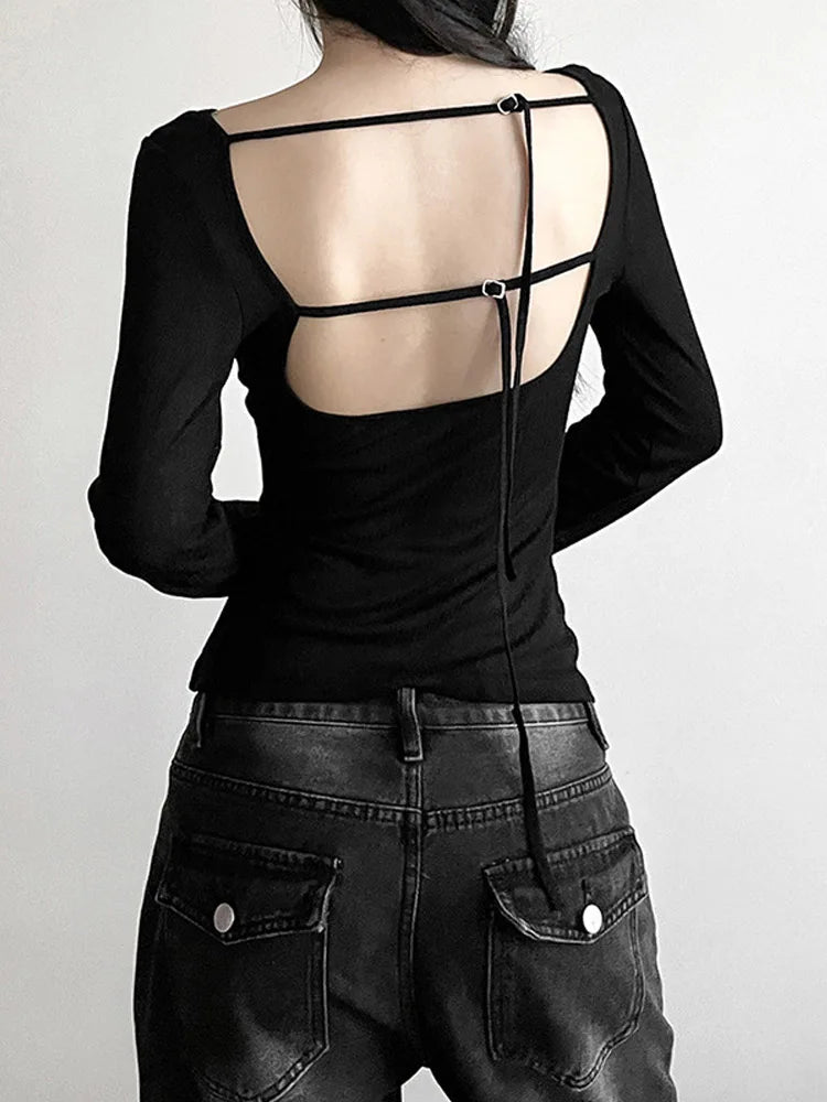 Women Autumn Slim Backless Lace Up Long Sleeve Crop Top