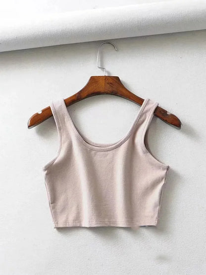 Sexy Women Summer Sleeveless Cotton Knit Crop Top U Collar