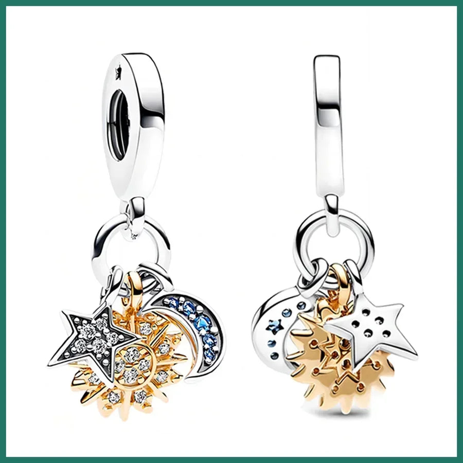 925 Sterling Silver Blue Star Gold Sun Pink Moon Zircon Beads Charms for DIY Jewelry Gifts