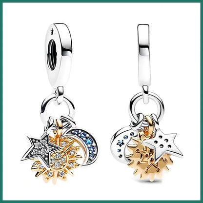 925 Sterling Silver Blue Star Gold Sun Pink Moon Zircon Beads Charms for DIY Jewelry Gifts