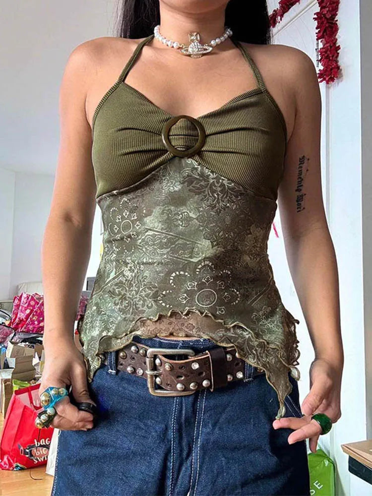 Retro Forest Green Boho Y2K Backless Halter Camisole