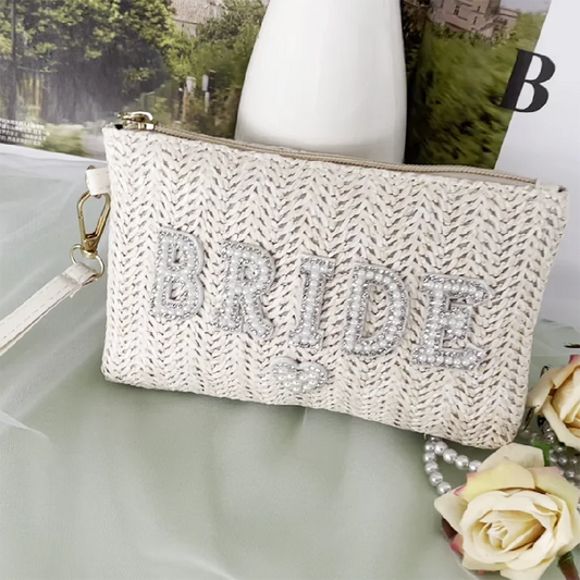 Elegant Beach Bride White Pearls Handbag with Bow for Bridal Shower and Honeymoon