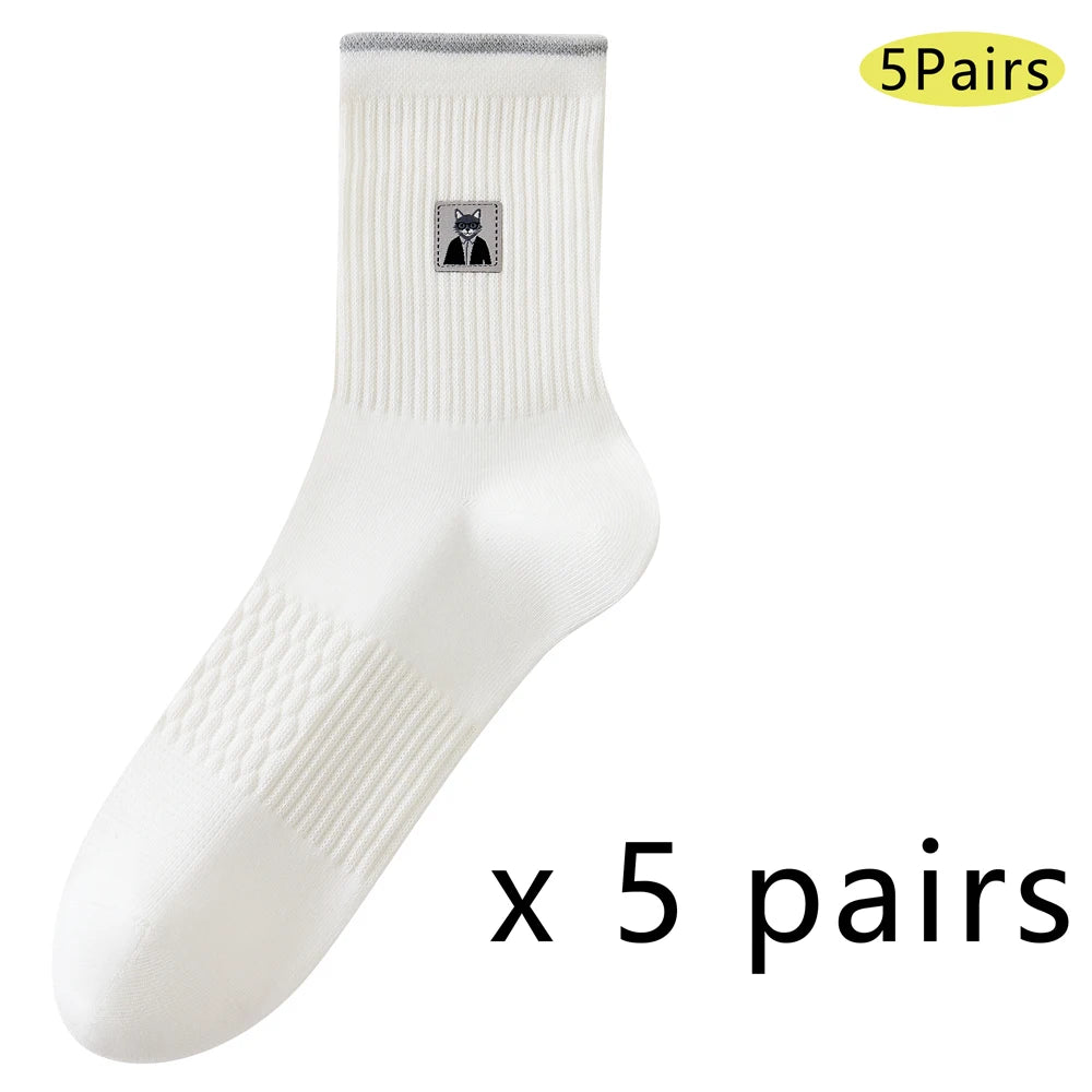 5 Pairs Men Cartoon Cat Mid Crew Cotton Socks Breathable