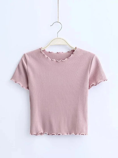 Vintage Ribbed O Neck Tee for Women Slim Fit Short Sleeve
