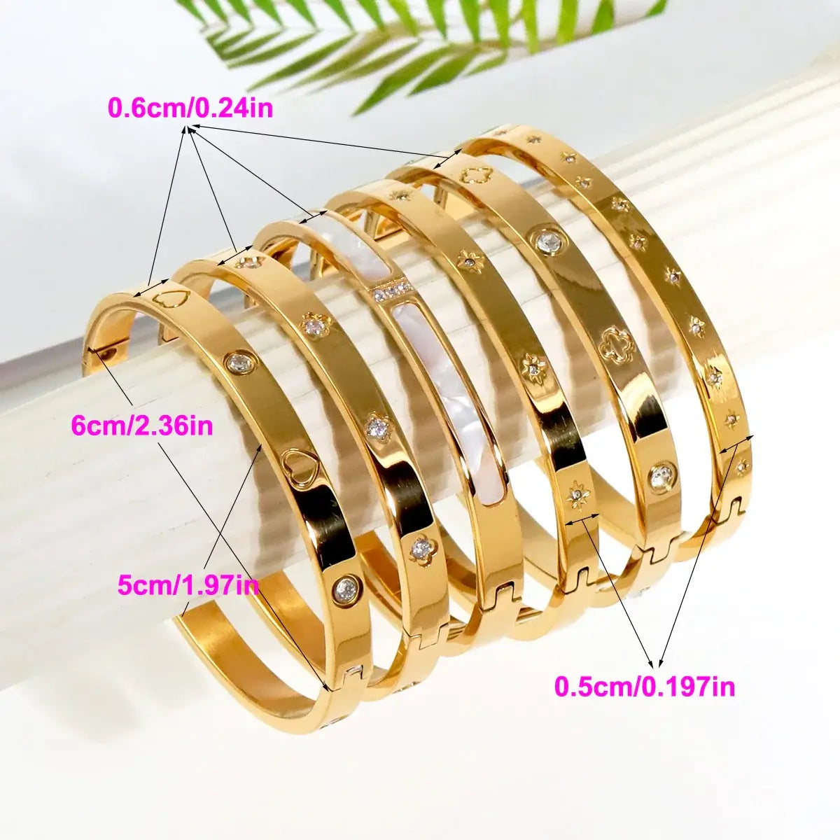 New Waterproof Cubic Zirconia Heart Flower Bangles Jewelry for Women