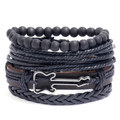 ZORCVENS Men's Handmade Braided Leather Bracelet Set - Vintage Black Punk Fashion Gift