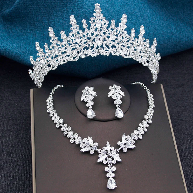 Elegant Silver Opal Blue Wedding Crown Jewelry Set for Women - Princess Tiaras, Earrings, and Necklace for Prom Gifts