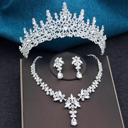 Elegant Silver Opal Blue Wedding Crown Jewelry Set for Women - Princess Tiaras, Earrings, and Necklace for Prom Gifts