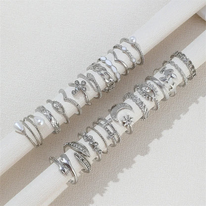 Silver Geometric Knuckle Rings Set for Women with Eye Cross Sun Moon Leaf Charms Boho Jewelry