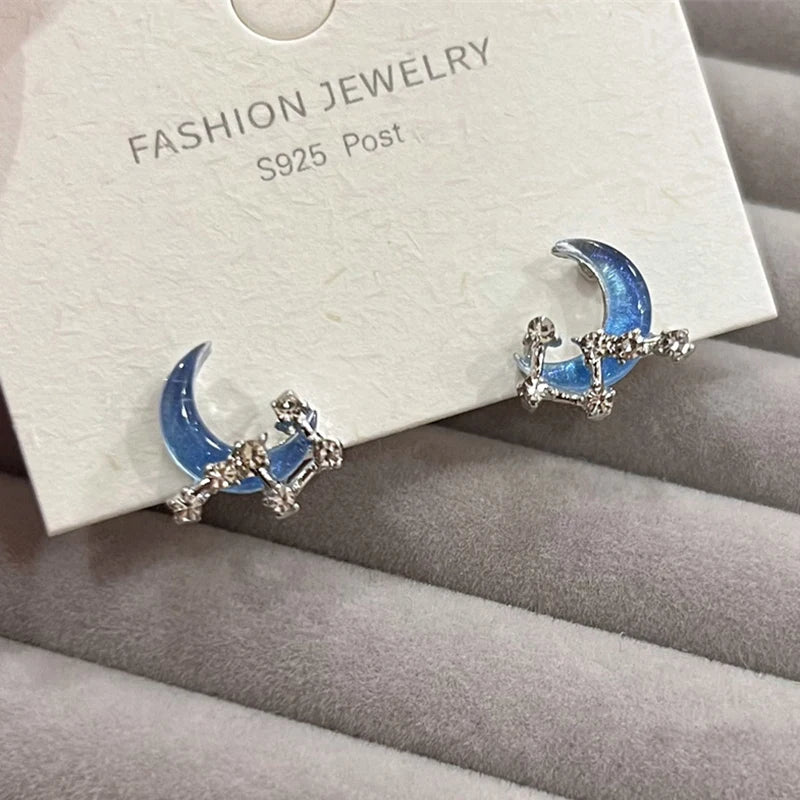 Y2K Korean Blue Crystal Butterfly Star Earrings for Women