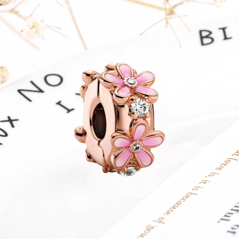 Rose Gold Winged Angel Heart Charm Bead Pink Daisy Spacer