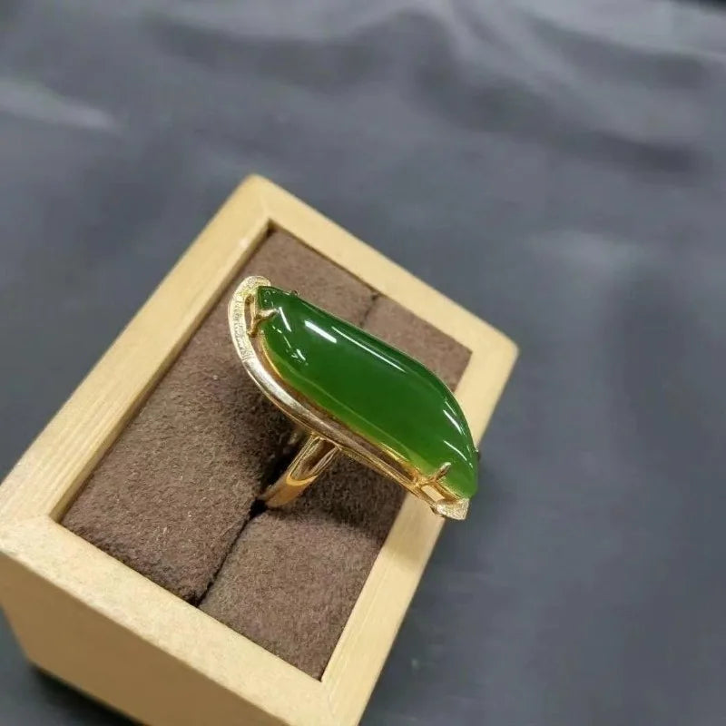 Vintage Willow Leaf Green Hotan Jade Ring with Glossy Silver Inlay for Women Adjustable Fine Jewelry
