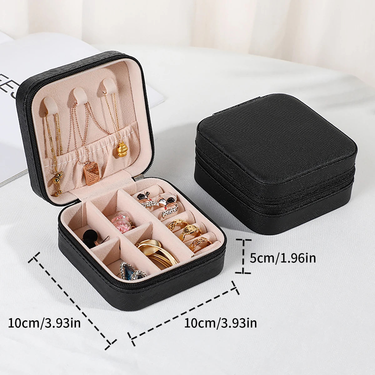 Travel-Friendly PU Leather Jewelry Organizer - Compact Storage Box for Bracelets, Earrings & Rings BLACK