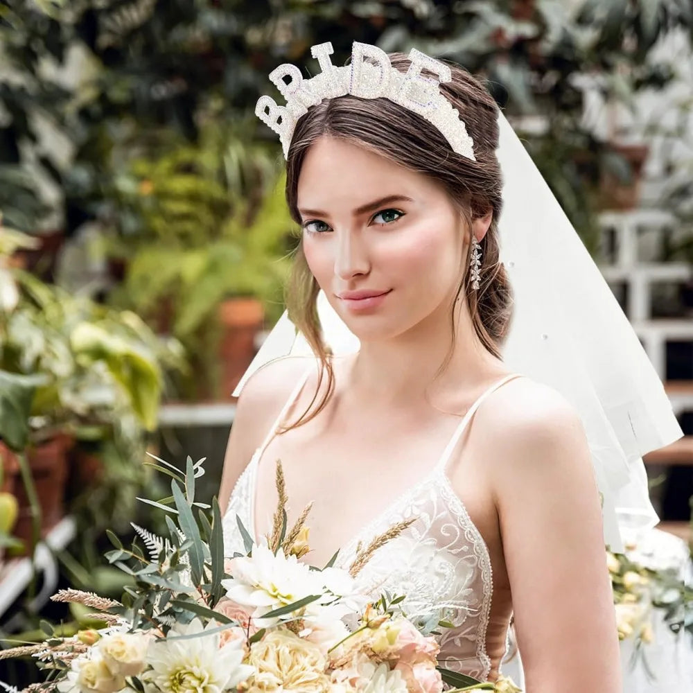 Glamorous Pearl Bride Headband With Veil and Heart Shaped Sunglasses for Bachelorette Party
