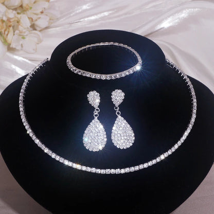 Luxury Round Rhinestone Jewelry Set for Women Classic Silver Necklace Bracelet and Earring Bridal Wedding Accessories