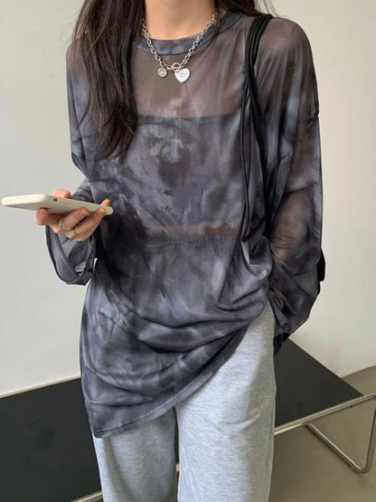 Women Tie Dye T Shirt Long Sleeve Loose Fit Chic DozwCN