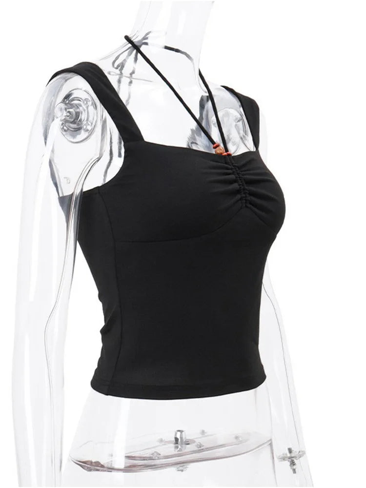 Vintage Black Square-neck Halter Tank Top Sexy Slim Pleated Backless Summer Crop Tops 2024 Women Sleeveless Bodycon Vest