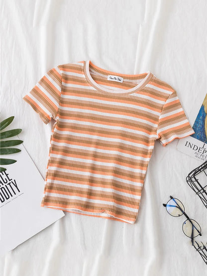 Rainbow Stripe Slim Fit Women T Shirt Short Sleeve Harajuku