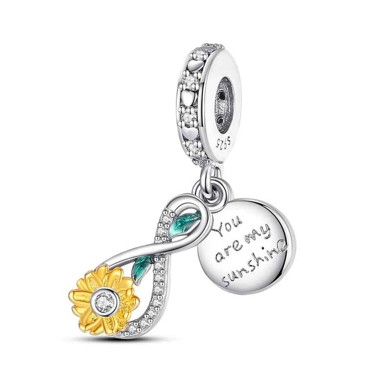 Sterling Silver Heart Sunflower Charm Pendant For Bracelet
