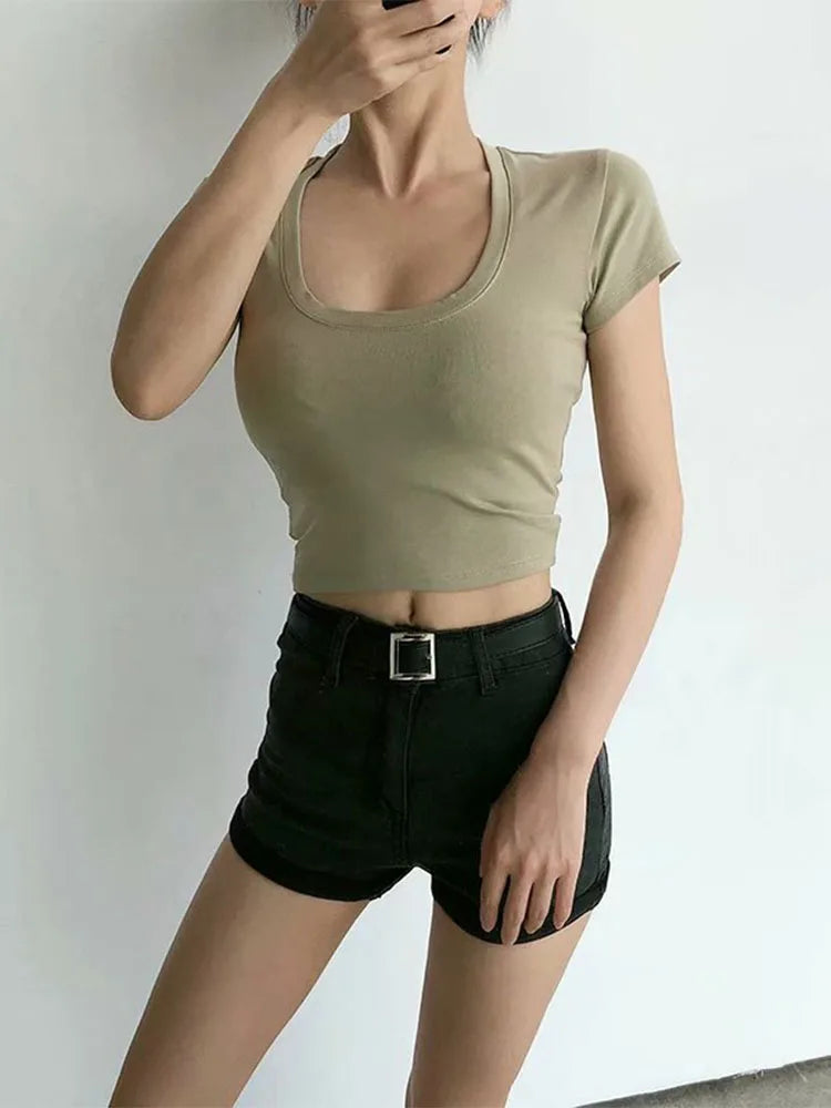 U Neck Crop Top High Waist Slim Solid Color Tee Street