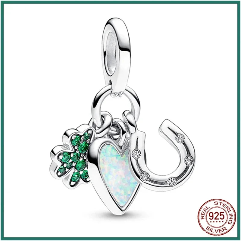 925 Sterling Silver Lucky Four Leaf Clover And Horseshoe Charms With Green Zircon For Bracelet Necklace Earrings