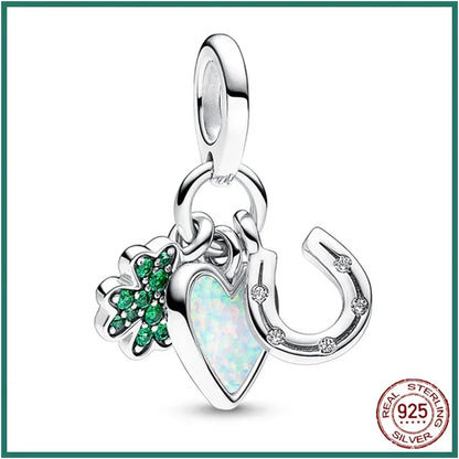 925 Sterling Silver Lucky Four Leaf Clover And Horseshoe Charms With Green Zircon For Bracelet Necklace Earrings