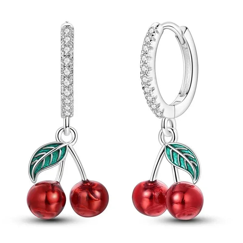 Luxury Colorful 925 Sterling Silver Hoop Earrings with Zircon Heart and Apple Pendants Birthday Gift for Women