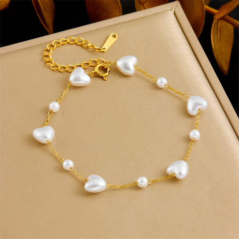 Lamengly Elegant Pearl Heart Necklace and Bracelet Set for Women