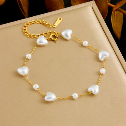 Lamengly Elegant Pearl Heart Necklace and Bracelet Set for Women