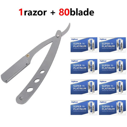 Men Professional Barber Razor Manual Shaver Folding Steel Shave C634-1razor 80 blade