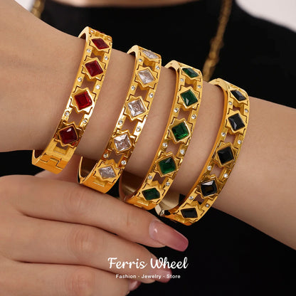 Vintage Gold Plated Stainless Steel Bracelet with Red Glass Bangle Charm Luxury Jewelry Gift for Women
