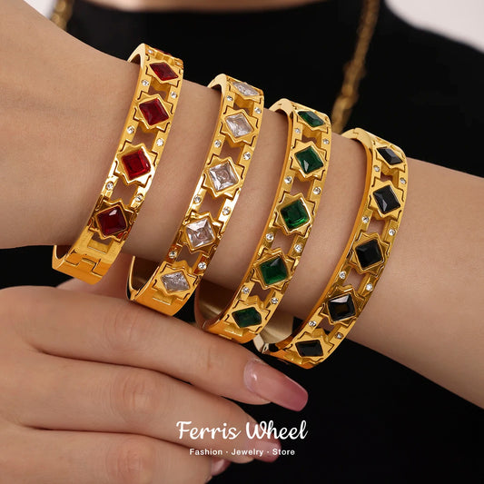Vintage Gold Plated Stainless Steel Bracelet with Red Glass Bangle Charm Luxury Jewelry Gift for Women