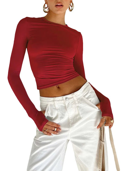 Dozw Women Long Sleeve Crew Neck Crop Top With Thumb Holes
