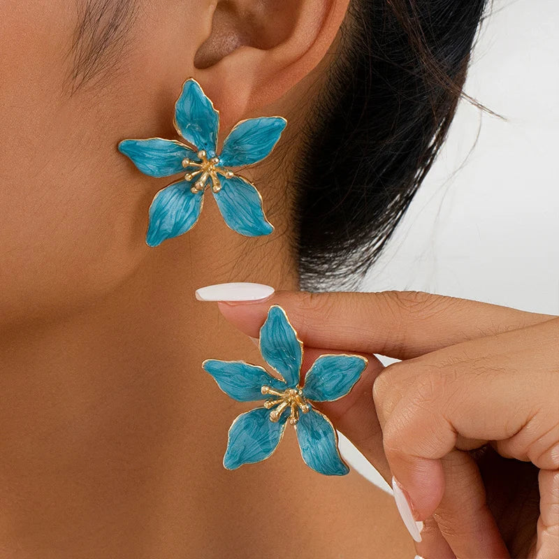 Romantic Enamel Petal Post Earrings for Women - Classic Metal Flower Accessories