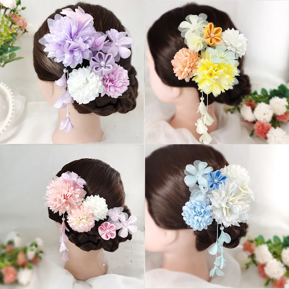 Japanese Handmade Fabric Flower Kimono Hairpin with Tassel for Weddings and Festivals