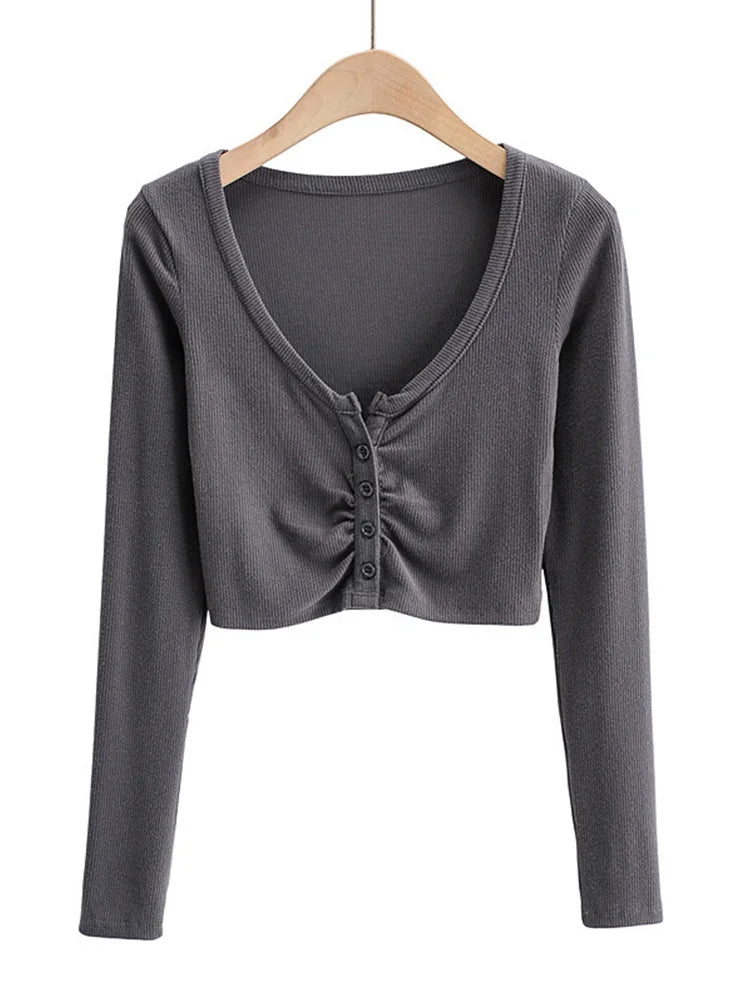 Slim V Neck Long Sleeve Cardigan Top For Women Open Navel