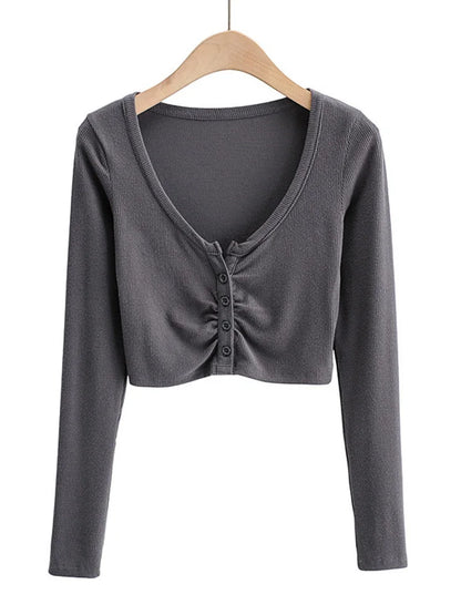 Slim V Neck Long Sleeve Cardigan Top For Women Open Navel
