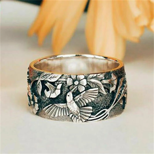 Vintage French Bird Flower Ring for Women Fashionable Zinc Alloy Jewelry