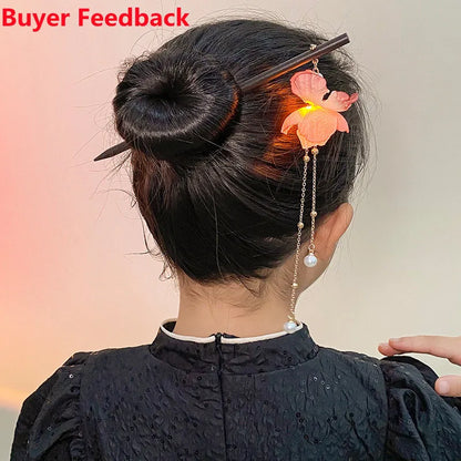 Vintage Luminous Tassel Hairpin Wooden Hanfu Hair Stick Elegant Chinese Headdress Gift