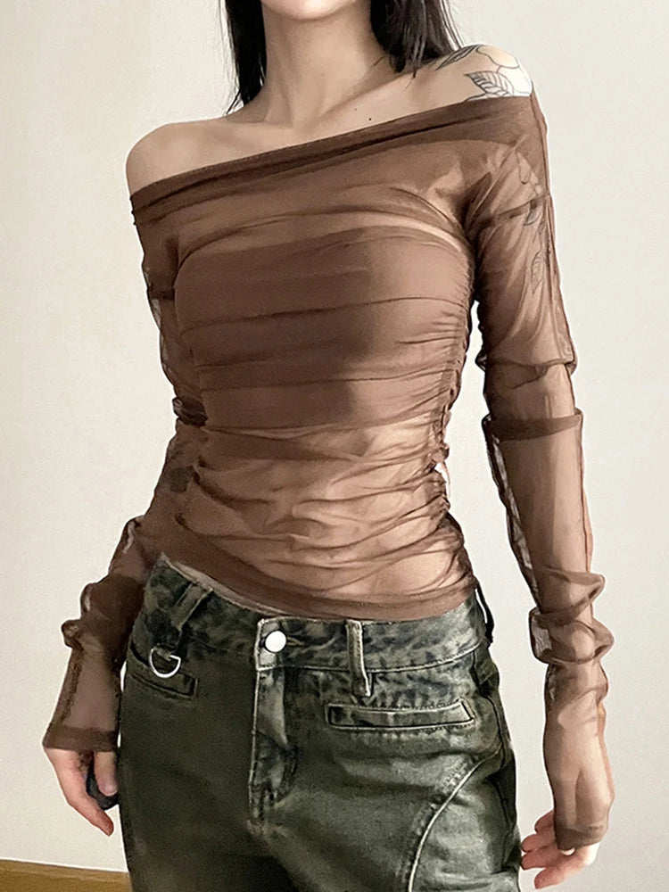 Dozw Sexy Sheer Mesh Two Piece Set Neck Crop Top Women