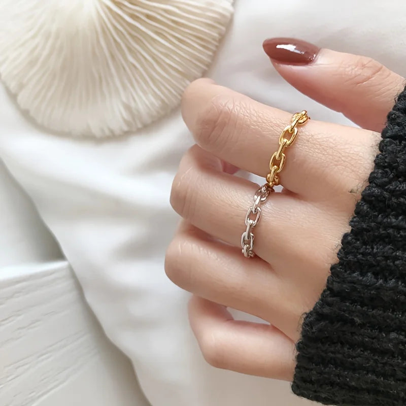 Trendy Unisex 18k Gold Plated 925 Sterling Silver Chain Cuff Ring for Daily Wear