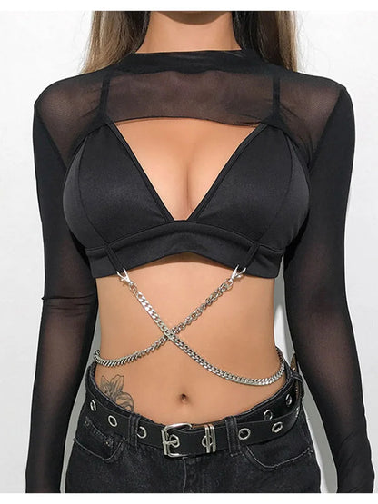Sexy Mesh Sleeve Crop Top Hollow Out Black Tee Casual