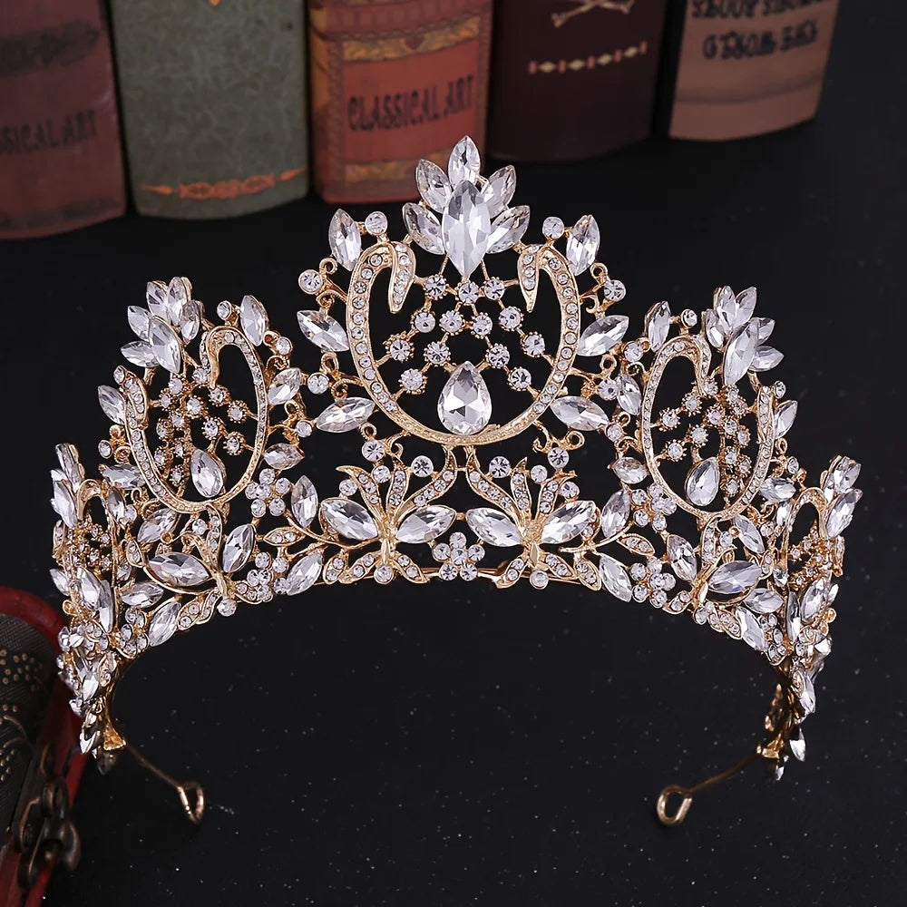 Baroque Crystal Rhinestone Tiara - Vintage Bridal Crown for Weddings & Prom Gold Green