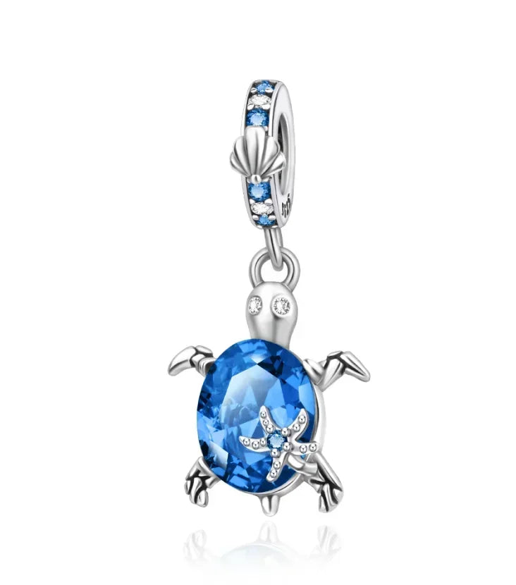 Summer Murano Glass Sea Turtle Dangle Charm Colorful Crystal Zircon Pendant 925 Sterling Silver Fine Jewelry for Original Bracelets